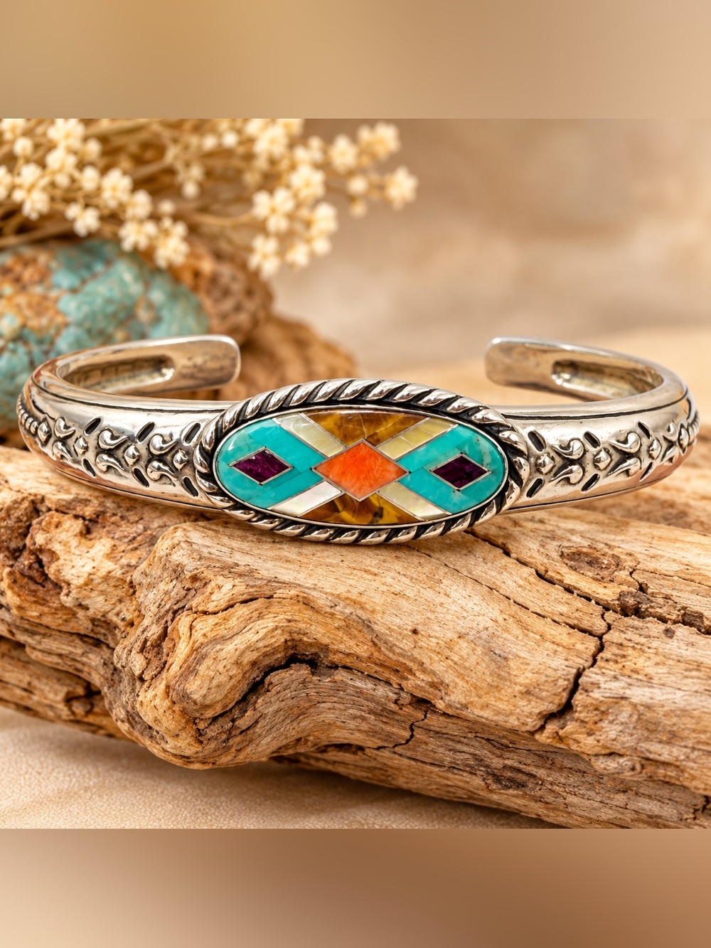 Vintage Carolyn Pollack Relios Sterling Silver Multi Gemstone Inlay Cuff 6.5”